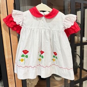 Vintage 80s Poppy flowers dress heirloom baby girl embroidered applique layered